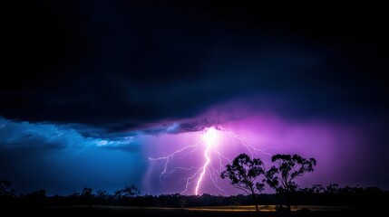  A vibrant sky in shades of purple and blue, framed by a few trees in the foreground, and a lightning bolt illuminating the background