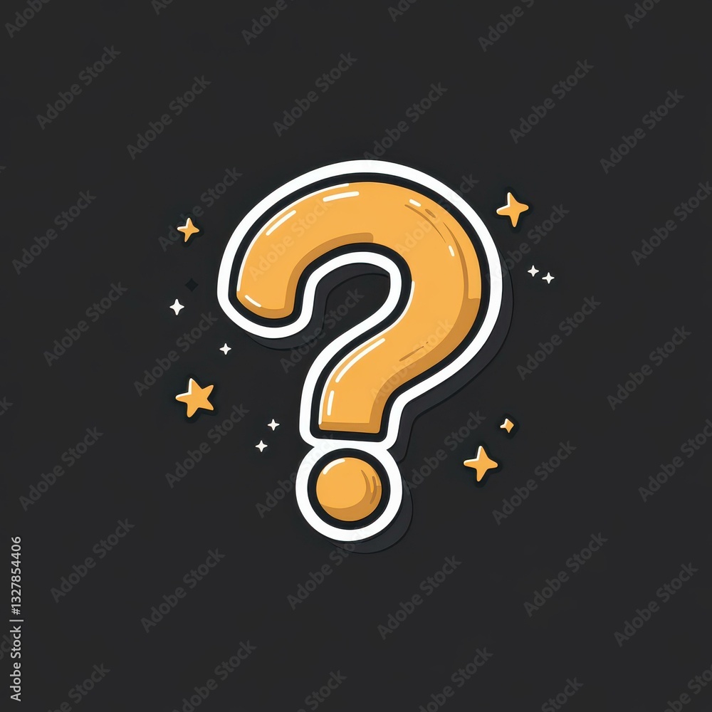Poster a sleek logo design featuring a question mark adorned with stars and golden frames, captured in a si
