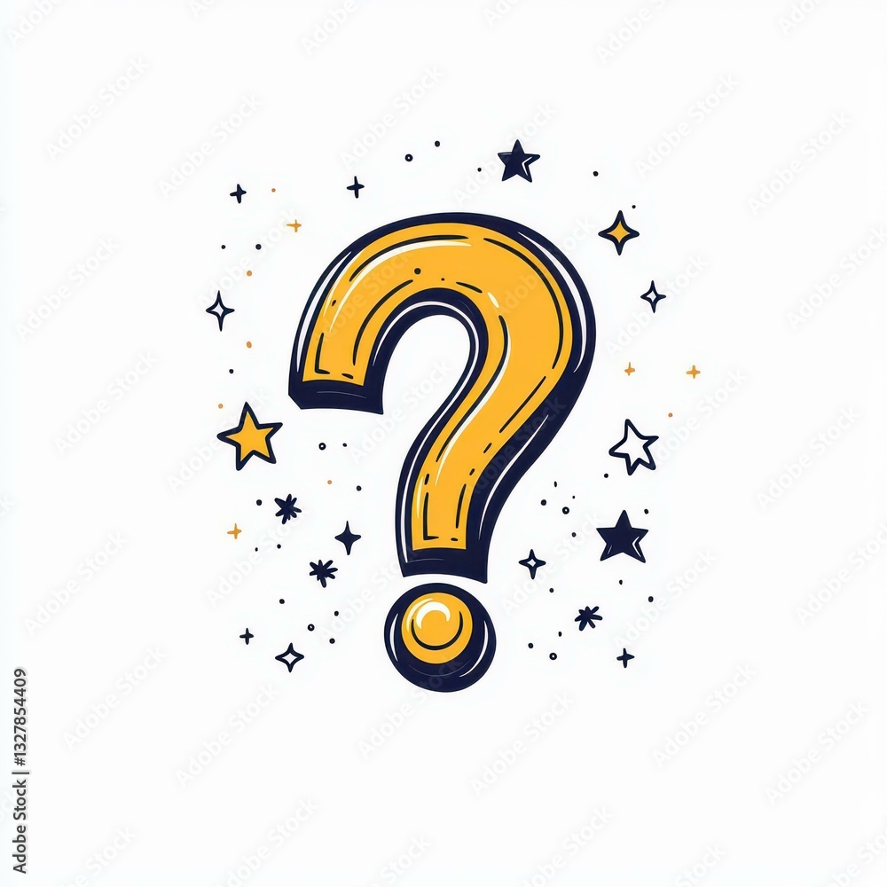 Poster a sleek logo design featuring a question mark adorned with stars and golden frames, captured in a si