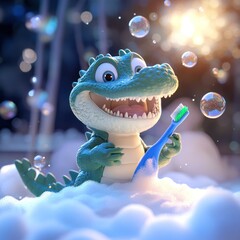 Cute cartoon crocodile brushing teeth in bubbles