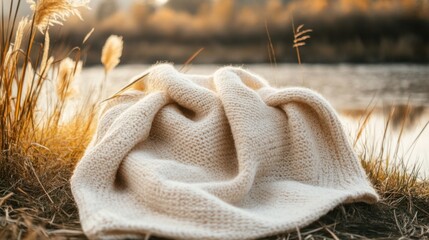 Cozy Blanket Laid Out by the Lakeside