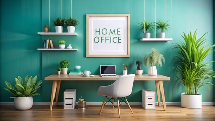 Home Office Desk Setup with Teal Wall, Plants & Blank Frame Mockup - Perfect for Design or Text