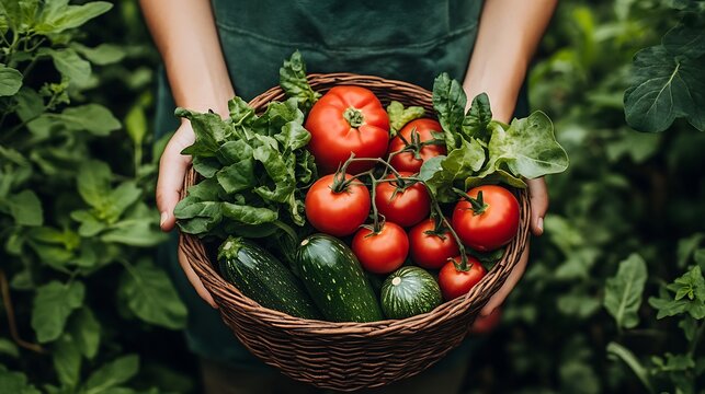 Freshly Harvested Vegetables in a Wicker Basket, A person holding a wicker basket filled with fresh vegetables, including tomatoes - Powered by Adobe