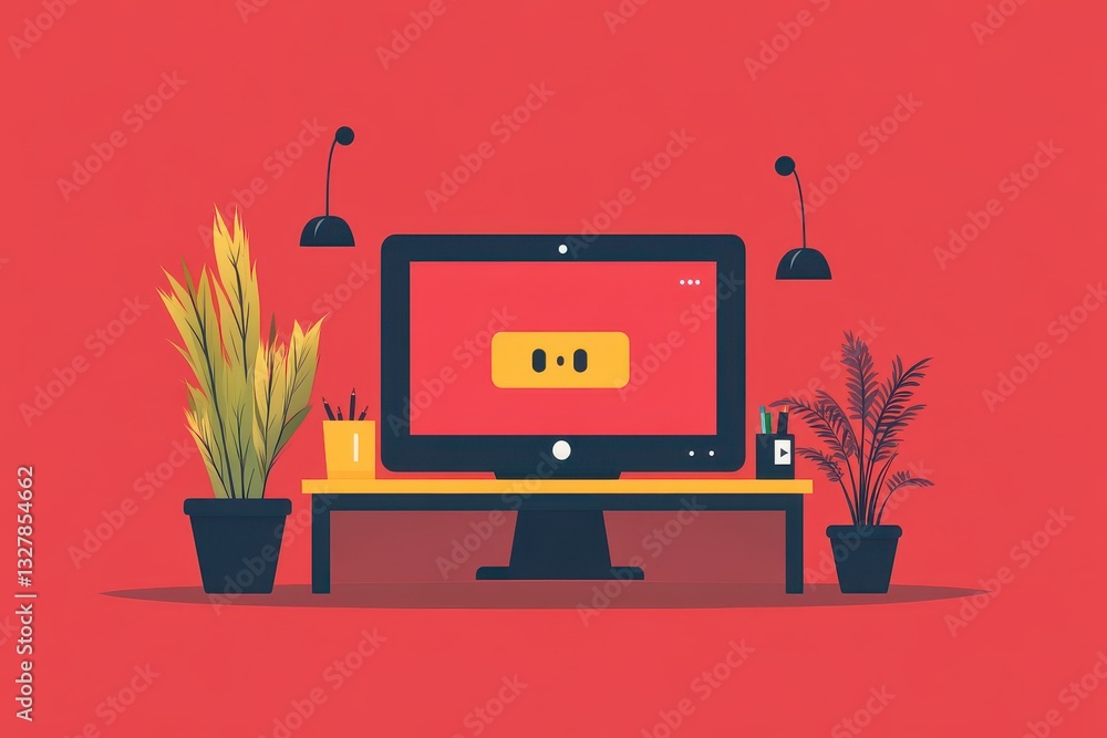 Canvas Prints illustrative computer workspace on a red background adorned with potted plants and desk lamps to cre