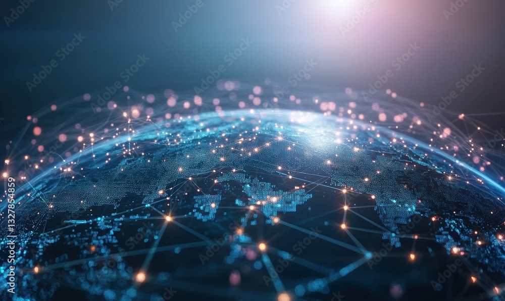 Poster digital globe with interconnected nodes, glowing against a dark background.