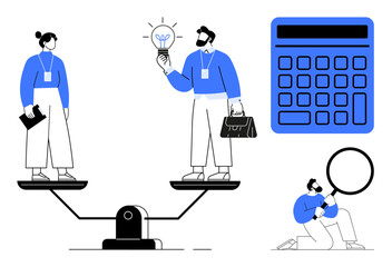 Two professionals stand balanced on a scale, symbolizing equality. A man holds a lightbulb and briefcase, a woman holds documents. Nearby, a calculator and a magnifying glass suggest analysis. Ideal