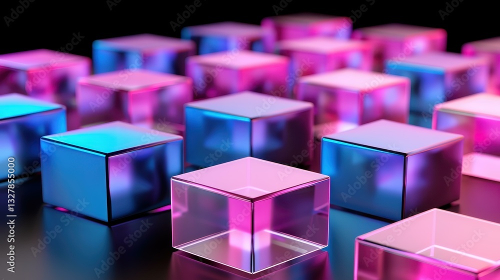 Poster discover a captivating visualization of data formation with clustered glass cubes in vibrant hues, s
