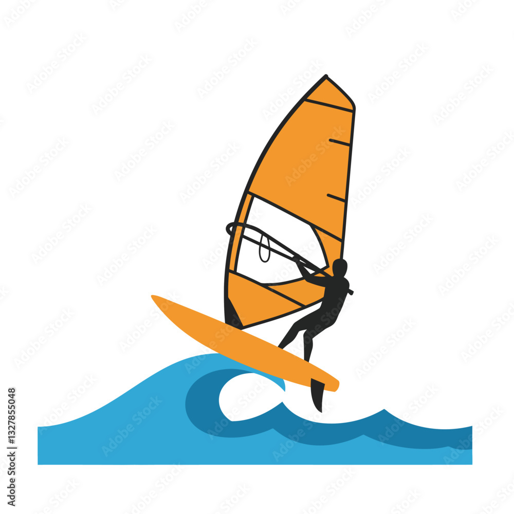 Poster windsurfer performing a dynamic jump on waves in flat vector art