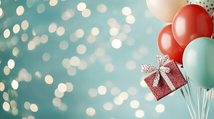 Fototapeta premium A series of balloons adorned with a gift, a ribbon, and bow, suspended on a string against a blue backdrop