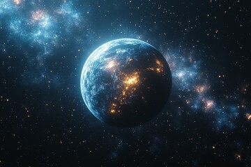 Obraz premium A bright planet showcases glowing city lights across its surface, surrounded by a vast cosmic backdrop filled with stars and nebulas Generative AI