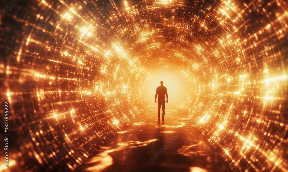 Poster abstract tunnel made of radiant light patterns, symbolizing travel through time and space, with a fi