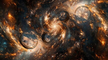 An artistic depiction of time in space, featuring three floating clocks in a swirling cosmic background.