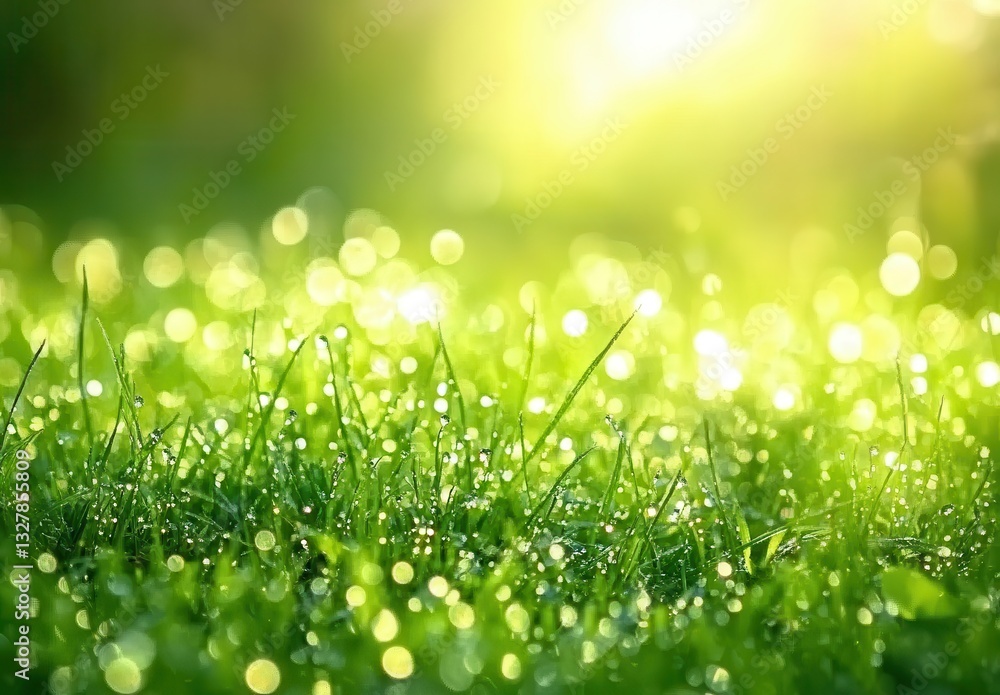 Poster close-up view of dewy green grass with a beautiful soft focus and sparkling light in the background 