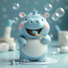 Cute hippo brushing teeth in a bathroom.  Bubbles, toothbrush, and other items surround the happy animal