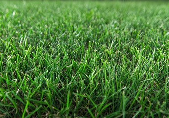 Fototapeta premium Close-up View of Fresh Green Grass Grows Naturally Under Clear Blue Sky During Sunny Day in Summer Season Ideal for Nature and Background Themes