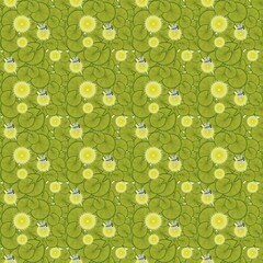 Bright green seamless floral pattern with yellow blooms and bees, lively nature design perfect for children’s prints, packaging, and fabrics.