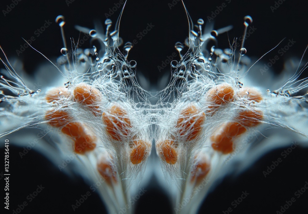 Poster close-up view of intricate micro organisms with bubble textures and delicate filaments on a dark bac