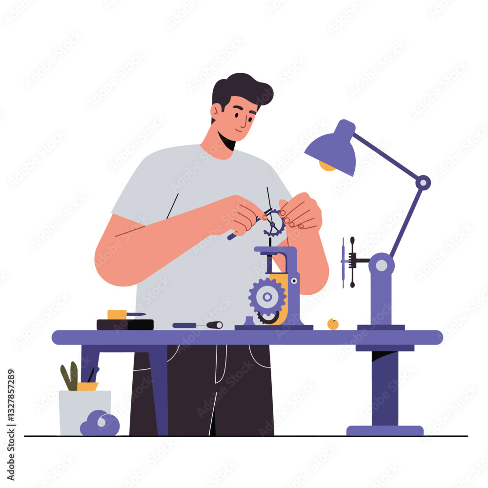 Poster man working on mechanical device in a detailed flat vector art illustration