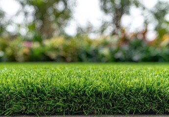 Close-up View of Vibrant Artificial Grass Lawn Against a Blurred Garden Background in Daylight