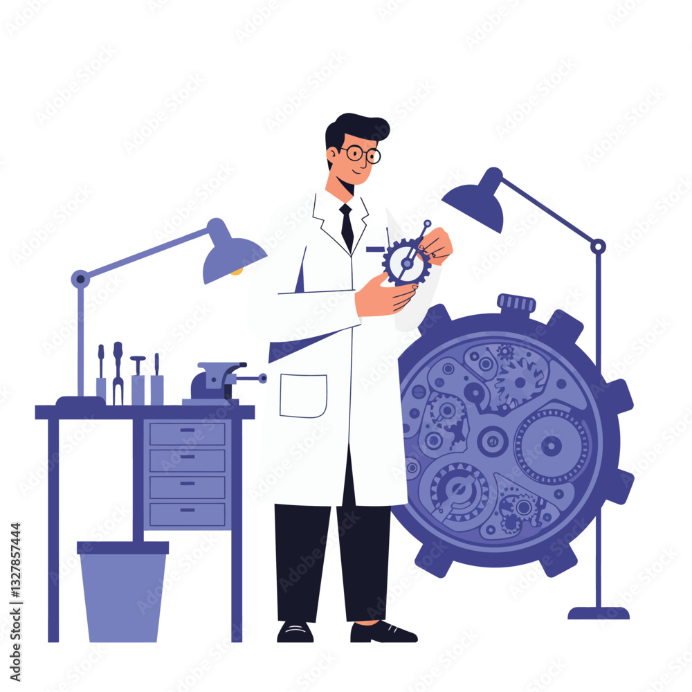 Poster scientist examining clock gears in a minimal, clean design vector illustration