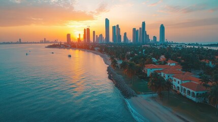 Naklejka premium Sunrise cityscape, luxury beach, coastal homes