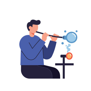 recommend clip art: Glassblower shaping molten glass with precision in flat vector art
