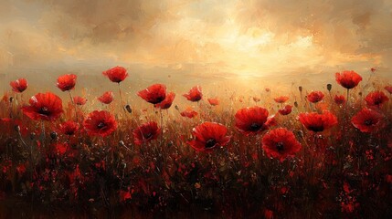 Obraz premium Sunset over a field of red poppies.