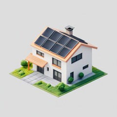Modern home with solar panels.  Isometric 3D model of a house, featuring a rooftop with solar panels, a covered porch, and landscaping