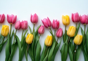 Naklejka premium Colorful Arrangement of Fresh Pink and Yellow Tulips with Lush Green Leaves on a Light Background for Spring Florals and Seasonal Decor