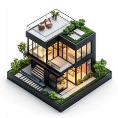 Modern urban home design.  Isometric view of a contemporary, two-story residence with rooftop terrace and lush landscaping