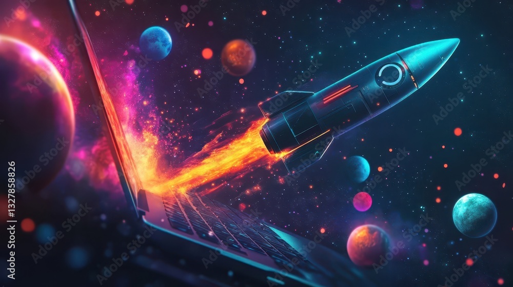 Poster a spaceship emerging from a laptop into outer space