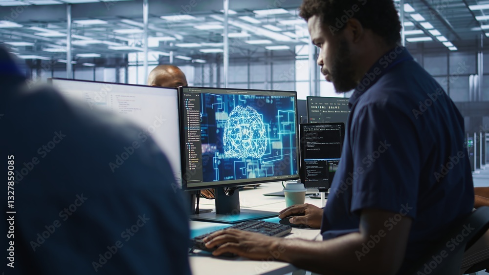 Poster african american worker in data center implements advanced ai driven predictive maintenance systems.