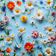 Obraz premium Colorful Assortment of Wildflowers on a Light Blue Background Creating a Vibrant and Cheerful Floral Pattern for Backgrounds or Designs
