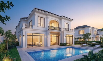 Luxury villa with pool at sunset.