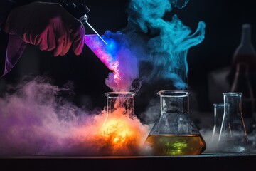 Obraz premium A scientist conducts an experiment in a dimly lit lab, mixing vibrant liquids that produce colorful smoke and steam, creating a captivating visual effect Generative AI