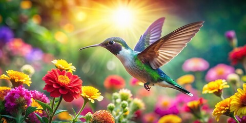 Fototapeta premium Hummingbird Amidst Vibrant Blossoms: A Candid Capture