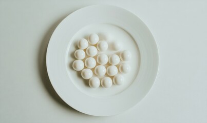 White plate with a bunch of white balls on it. The plate is placed on a white background