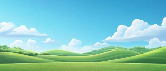 Obraz premium Serene Green Hills Under a Summer Sky: A Panoramic View of Rolling Meadows and Fluffy Clouds