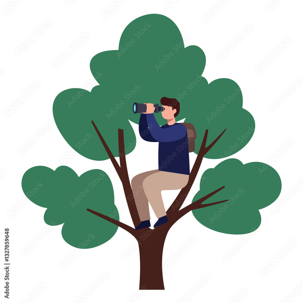 Poster man observing nature from a tree in flat vector illustration