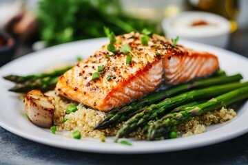 Succulent salmon is grilled to perfection, accompanied by tender asparagus and fluffy quinoa, garnished with fresh herbs in a vibrant kitchen atmosphere Generative AI