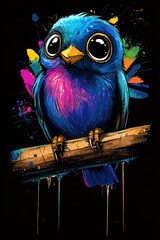 Vibrant, colorful, cute bird perched on a branch.  Splash art style with expressive eyes