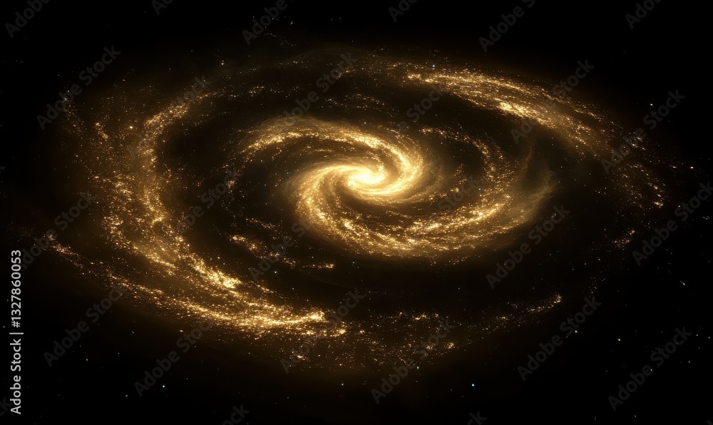 Poster cosmic spiral galaxy swirling in deep black and golden tones, illuminated by subtle starlight creati