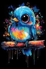 Vibrant colorful bird perched on a branch.  Abstract style, expressive eyes, and dripping paint effects