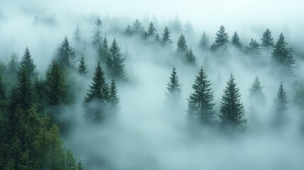 Misty mountain forest with evergreen trees.