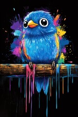 Adorable blue bird with vibrant paint splashes