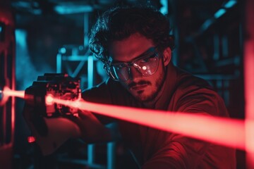 A person carefully aims a device, producing a striking red laser beam in a dimly lit laboratory. The futuristic setting emphasizes the experimentation taking place Generative AI
