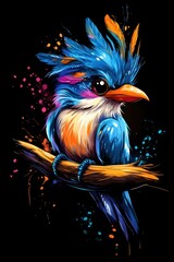 Vibrant colorful bird perched on a branch.  A whimsical, artistic depiction of a small, exotic-looking bird with bold, vibrant colors.