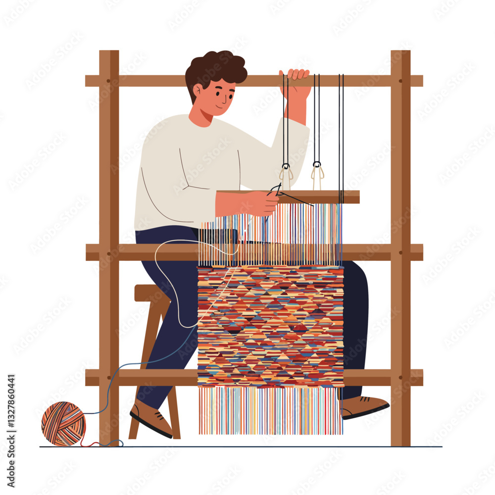 Poster weaver at loom creating colorful textile design in flat vector art