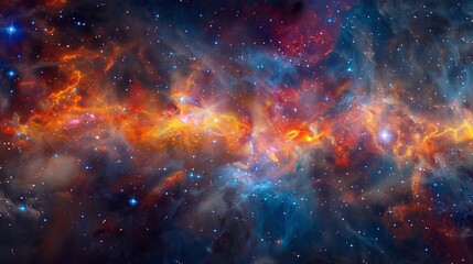 A vibrant cosmic landscape showcasing swirling gases and stars in deep space with fiery orange and blue hues.