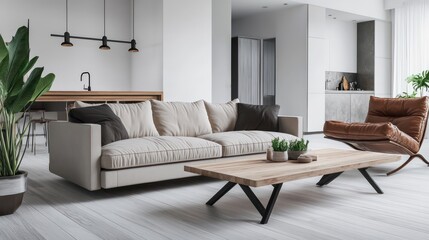 A modern living room with light gray wooden flooring and fresh white walls